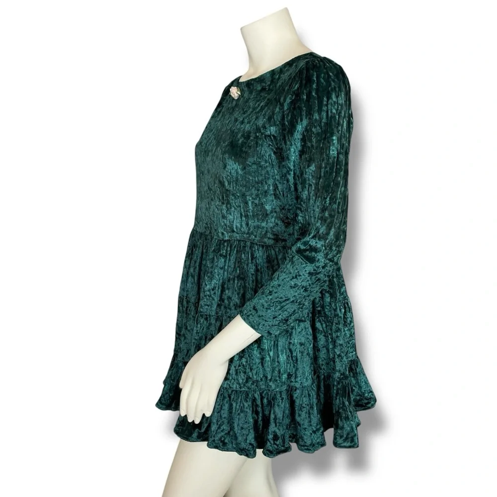 Vintage Crushed Velvet Babydoll Dress Green Christmas Girls Sz 14 Rosette Tiered